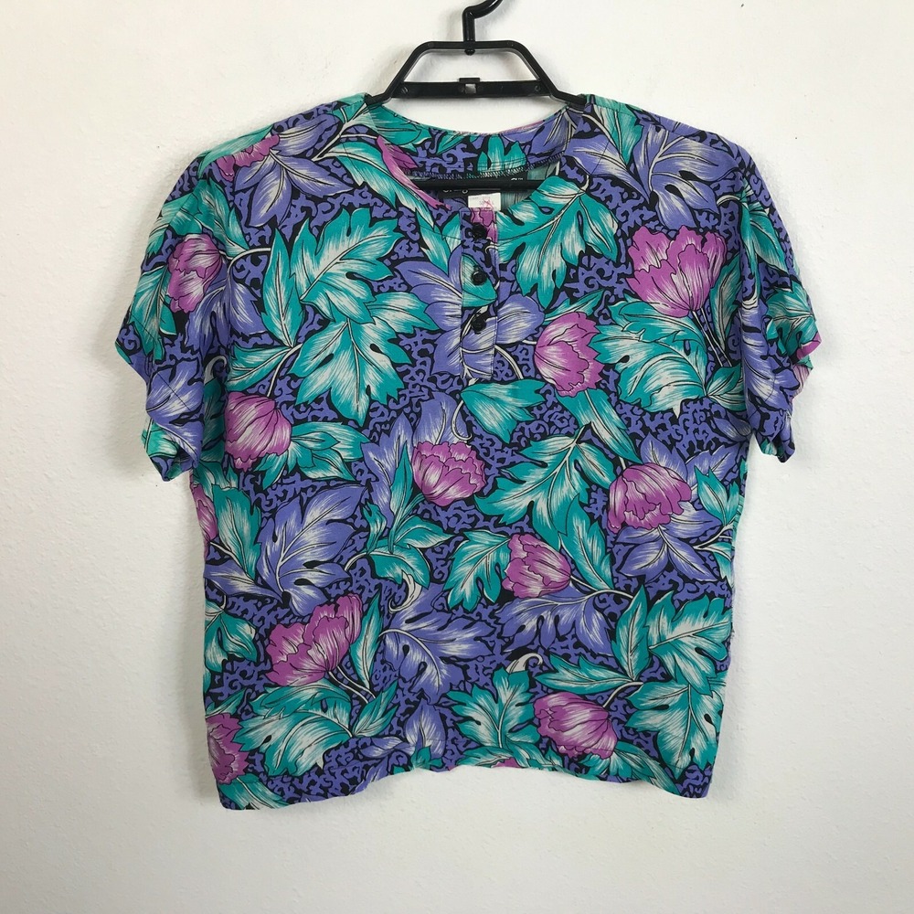 Vintage 80s Hawaiian Shirt‎ Blouse Size S Multicolor Floral Short Sleeve Rayon